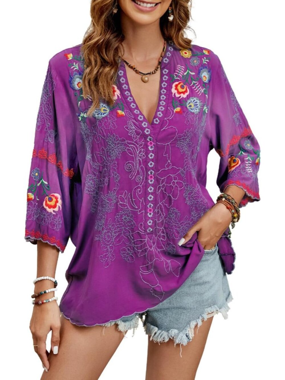 Mexican Tops Peasant Blouses Embroidered 3/4 Sleeve Shirt Boho V Neck Tunic